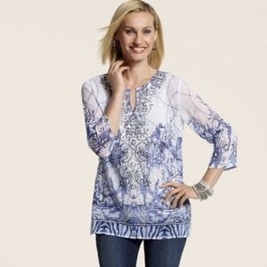 Chicos Island Character Sita Top Shell Print Embelished Pop Over Sheer Layer L